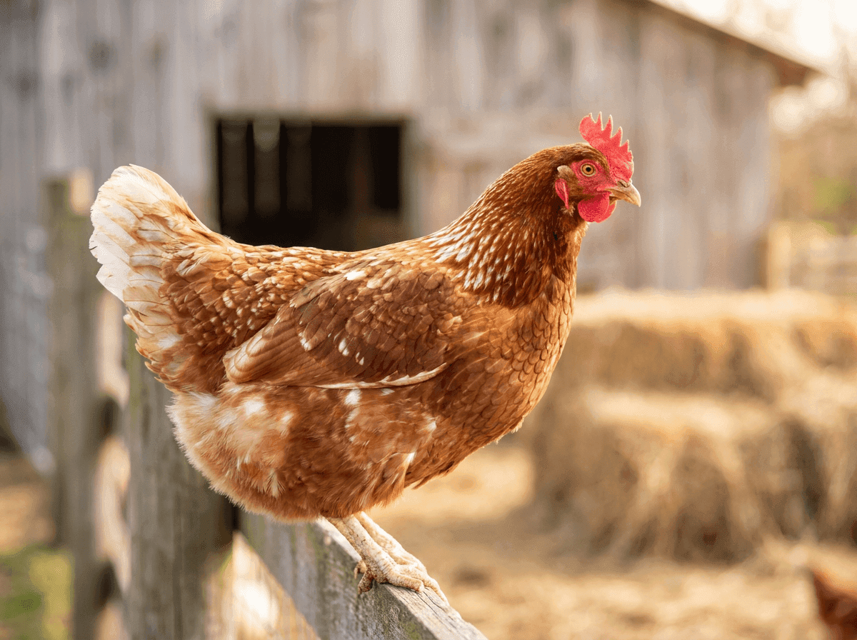 Gallina dal piumaggio rossiccio appollaiata su uno steccato